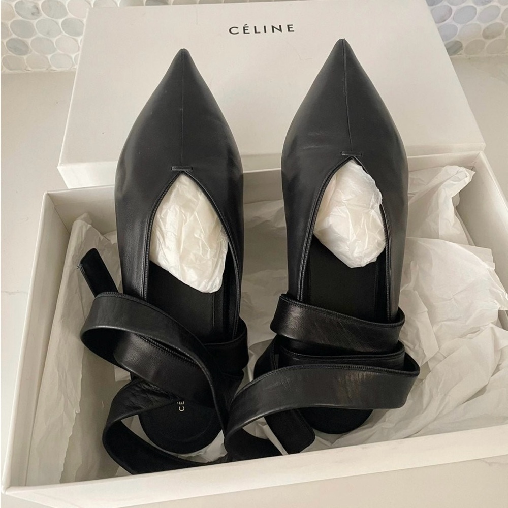 100%authenticated CELINE leather flat with tie up